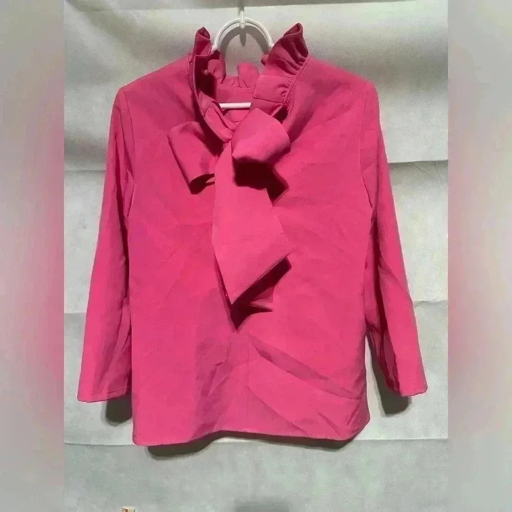 Tuckernuck Pomander Place Pink Faye Ruffle Collar Bow Top Mod Retro Size XS EUC